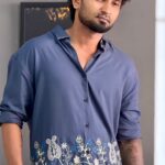Slate Blue - White Floral Cluster Embroidery Shirt